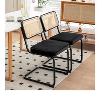 Lot de 2 chaises noires en rotin et velours rembourré, pieds chromés, design moderne pour salon et salle à manger,46.5x53.1x85.1cm