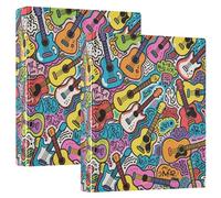 Lot de 2 classeurs à 3 anneaux de 1,5 cm et demi avec presse-papiers, pour étudiants, couverture rigide, gribouillage de guitare