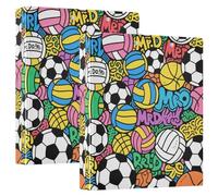 Lot de 2 classeurs à 3 anneaux de 1,5 cm et demi avec presse-papiers, pour étudiants, couverture rigide, motif balle de sport