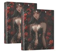 Lot de 2 classeurs à 3 anneaux de 2,5 cm et demi pouces avec poches intérieures pour l'école à couverture rigide - Anime gothique foncé beauté rose rouge