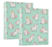 Lot de 2 classeurs à anneaux ronds de 1,5" avec porte-bloc - Fournitures scolaires - 200 feuilles - Licornes mignonnes de dessin animé vert menthe