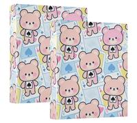 Lot de 2 classeurs à trois anneaux de 2,5 cm et demi avec poches, 1/2 paquets de fournitures scolaires à couverture rigide - Motif ours mignon de poker
