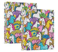 Lot de 2 classeurs à trois anneaux de 3,8 cm avec poches intérieures, 1/2 paquets de fournitures scolaires, couverture rigide, licornes mignonnes de dessin animé