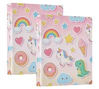 Lot de 2 classeurs à trois anneaux de 3,8 cm avec poches pour l'école à couverture rigide - Licornes mignonnes de dessin animé