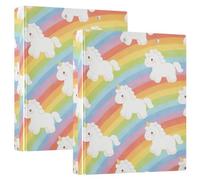 Lot de 2 classeurs ronds de 1,5 cm et demi avec poches intérieures pour fournitures scolaires à couverture rigide - Dessin animé licornes arc-en-ciel
