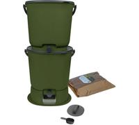 Kit de poubelles à déchets organiques Skaza Bokashi Essential pour la cuisine (2 x 15,3 litres) + socle - Poubelles de compostage pour la cuisine et le jardin en plastique recyclé - Kit de démarrage +