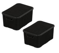 Lot de 2 corbeilles BranQ Home essential avec couvercle design rotin - Taille S 7 l - Plastique PP sans BPA - Noir - 28,5 x 19,5 x 12,9 cm - 2 pièces.