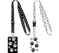 Lot de 2 cordons tour de cou avec porte-cartes, motif empreintes de pattes de chien avec porte-badge transparent étanche pour clés, carte d'identité, billet d’avion