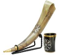 Lot de 2 cornes à boire Viking avec support et sac cadeau de 40 ml - Tasses en corne de bœuf faites à la main avec rune végétarienne gravée - Chope médiévale inspirée de la mythologie nordique pour