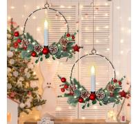 Lot de 2 couronnes de Noël avec bougies, guirlandes lumineuses, cônes de pin, décoration de porte, couronne de l'Avent, ornement de porte