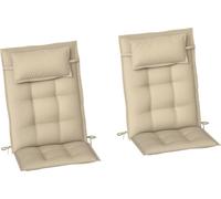 Lot de 2 coussins de chaise longue hydrofuges, 116 x 50 x 5 cm, beige, polyester 180 g/m², capitonnage à boutons, 6 sangles de fixation, appui-tête amovible