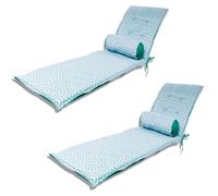 LOT de 2 Coussins pour Chaise Longue et Traversin 195x60x5cm & 45x18cm Motif Éventails Verts