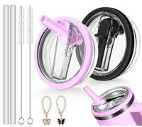 Lot de 2 couvercles de Rechange, pour Gobelets de Voyage, Réutilisables | Anti-fuite et Anti-poussière, avec Paille et 2 Pendentifs Stanley Cup(Noir + Rose)