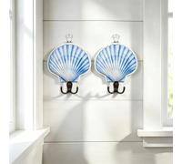 Lot de 2 crochets muraux en forme de coquillage côtier, porte-clés nautique festonné pour salle de bain, entrée, plage, porte-serviettes avec support en bois imprimé UV pour chapeaux, peignoirs, sacs