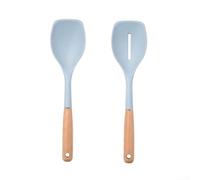 Lot de 2 cuillères en silicone avec manche en bois et passoire résistantes à la chaleur, prise en main confortable pour la cuisine, le service, la sauce à soupe, bleu, gris, vert, 31,6 cm de long