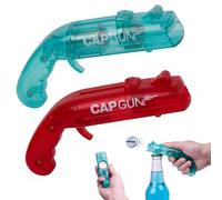 Lot de 2 Décapsuleurs Pistolet à Capsules - Cap Gun Amusant en Plastique (Bleu Vert & Rouge Transparent) - Ouvre Bouteille Lanceur pour Bière, Fêtes, Bar et Cadeau Homme