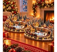 Lot de 2 décorations de Noël animées en train et patinoire | Train de Noël animé et scène de glace avec maisons de village lumineuses, arbres enneigés et détails festifs