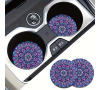 Lot de 2 dessous de verre pour voiture Motif mandala Violet | Ensemble de 2 pièces ; conçu pour protéger les porte-gobelets de la poussière et des déversements ; design décoratif élégant