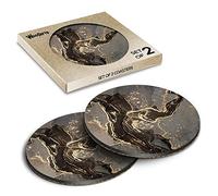 Lot de 2 dessous de verre ronds - Style marbre noir et doré - Avec dos en liège - En MDF brillant - Accessoire #170400