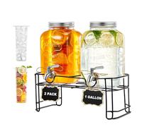 Lot de 2 distributeurs de boissons en verre avec support, robinet étanche en acier inoxydable, bouteille de glace, pour Noël, barbecue, pique-nique, limonade, cocktails
