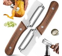 Lot de 2 Eplucheur Multifonction, 2 en 1 en Acier Inoxydable Eplucheur Manche Ergonomique en Bois et Décapsuleur Intégré Lame Tranchante pour Pommes de Terre Carottes et Fruits