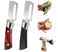 Lot de 2 Éplucheurs à Légumes Multifonction avec Décapsuleur Intégré, manche en bois antidérapant, Épluchage sans effort des pommes de terre, pommes, carottes et, pour cuisine camping famille