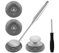 Lot de 2 eponge metallique à récurer en laine d'acier inoxydable, eponge grattante la vaisselle avec manche long et court, brosse de nettoyage en acier inoxydable, éponge à récurer en métal