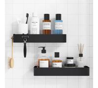 Lot de 2 étagères de douche murales sans perçage, résistantes à la rouille, séchage rapide, avec 4 crochets supplémentaires, rangement gain de place pour shampoing, après-shampoing et articles de Noir