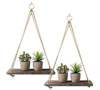 Lot de 2 étagères flottantes rustiques en bois avec corde à suspendre - Étagères flottantes rustiques en bois vieilli - Décoration murale - Étagère flottante avec crochets pour salon (taille L)