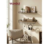 Lot de 2 Étagères Murales, Tablettes Suspendues avec Tringle, Rangements Flottants, Cuisine, Chambre, Salon, Marron et Noir