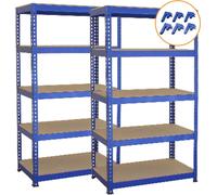 Lot de 2 étagères T-Rax pour charges lourdes, étagères de rangement, étagères d'atelier, étagères de cave, étagères à emboîter, bleu, 75 cm x 150 cm x 30 cm, avec raccords, tablettes en MDF de 6 mm d'