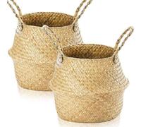 Lot de 2 étagères tressées en jonc de mer, pot en jonc de mer, panier à plantes tressé, panier à linge, panier tressé pour couvertures, étagère pour jouets végétaux (L 32 × 28 cm)