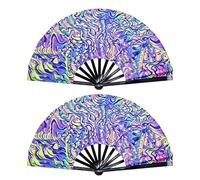 Lot de 2 éventails fluorescents aux UV - Motif vagues - 65 x 34 cm - Grand éventail de rave - Accessoires de festival - Pour danse, festival de musique, EDM, discothèque, garçon, fille, femme