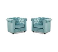 Lot de 2 Fauteuils CHESTERFIELD - Velours bleu pastel