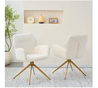 Lot de 2 fauteuils pivotants de salle à manger en chenille blanc crème avec accoudoirs et pieds en métal