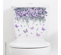 Lot de 2 feuilles d'autocollants violets pour couvercle de salle de bain Motif fleurs et papillons