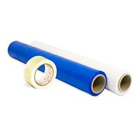 Lot de 2 films d'emballage coloré + ruban adhésif transparent, rouleau élastique 50 cm extensible jusqu'à 300 m, protecteur pour déménagement et emballage - Ofituria (bleu, blanc + ruban transparent)