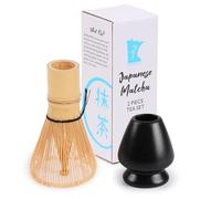Lot de 2 fouets à thé matcha en bambou et support en céramique Noir