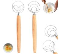 Lot de 2 fouets danois en acier inoxydable avec manche en bois, whisky danois, fouet mélangeur pour pâtisserie, pain, pâtisserie, dessert, pâte à pizza