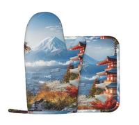 Lot de 2 gants de cuisine et maniques en silicone pour gaucher - Motif paysage japonais - Résistant à la chaleur - Pour cuisine, pâtisserie, grillades