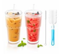 Lot de 2 gobelets à café glacé en verre côtelé avec couvercle et paille | Couvercle 2 en 1 anti-fuite ; verres lavables au lave-vaisselle avec couvercle de rechange, paille de rechange et 2 brosses