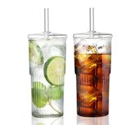 Lot de 2 gobelets en verre avec couvercle et paille - 600 ml - Pour café glacé, café, soda, cocktail, boissons froides ou chaudes