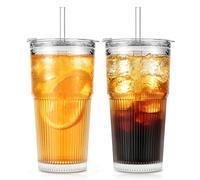 Lot de 2 gobelets en verre de 591 ml avec couvercles et pailles, design nervuré élégant pour tasses à café glacé, jus, smoothies, boissons froides, comprend une brosse de nettoyage, verre durable