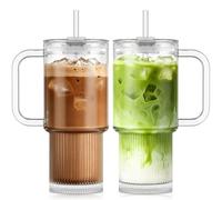Lot de 2 gobelets en verre nervuré de 768 ml avec couvercles étanches et pailles - Ensemble de verre de qualité supérieure sans plomb pour café glacé, smoothies et jus, passent au lave-vaisselle, pour