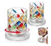 Lot de 2 gobelets rotatifs en verre de cristal de 255 ml avec base rotative | Verre à whisky rotatif, peint à la main, motif tissé à la main, verres à l'ancienne, pour cocktail, bourbon