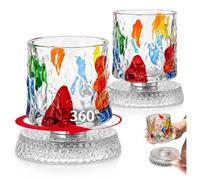 Lot de 2 gobelets rotatifs en verre de cristal de 255 ml avec base rotative | Verre à whisky rotatif, peint à la main, motif tissé à la main, verres à l'ancienne, pour cocktail, bourbon