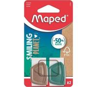Maped - Lot de 2 gommes Précision Smiling Planet - Gomme Blanche avec Fourreau composé à 50% de Fibres de Bois certifiées FSC - Sans PVC ni Phtalates - Coloris du Fourreau Bleu et Marron