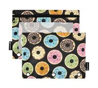 Lot de 2 grandes trousses à crayons à fermeture éclair avec fenêtre transparente Motif donuts colorés de dessin animé Grandes poches robustes perforées à 3 trous pour ranger les fournitures scolaires
