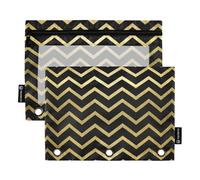 Lot de 2 grandes trousses à fermeture éclair avec fenêtre transparente - Motif noir et doré - Couleurs assorties - Classeurs à 3 anneaux - Pour l'école, le bureau - Multicolore