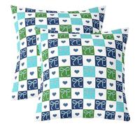 Lot de 2 Housse de Coussin 55x55 Bleu Marine Vert Sarcelle À Voiturereaux | Taie Oreiller Canapé Salon Coquette Grille Damier Housse d'oreiller Féminin Cœur Nœud -